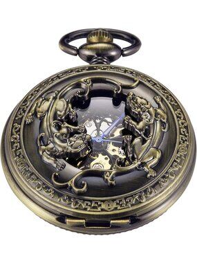 Men's Gold Bronze Wild Animals Skeleton Roman Numerals Mechanical Pocket Watch